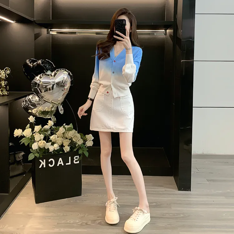慵懒风穿搭小个子一整套秋季减龄韩系针织开衫高腰短裙套装两件套