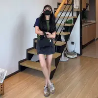 实拍夏季新款a字工装牛仔裙女小个子高腰防走光灰色半身裙女