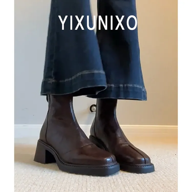 羊皮版！法式高跟复古马丁靴女加绒瘦瘦靴英伦风厚底靴子弹力靴