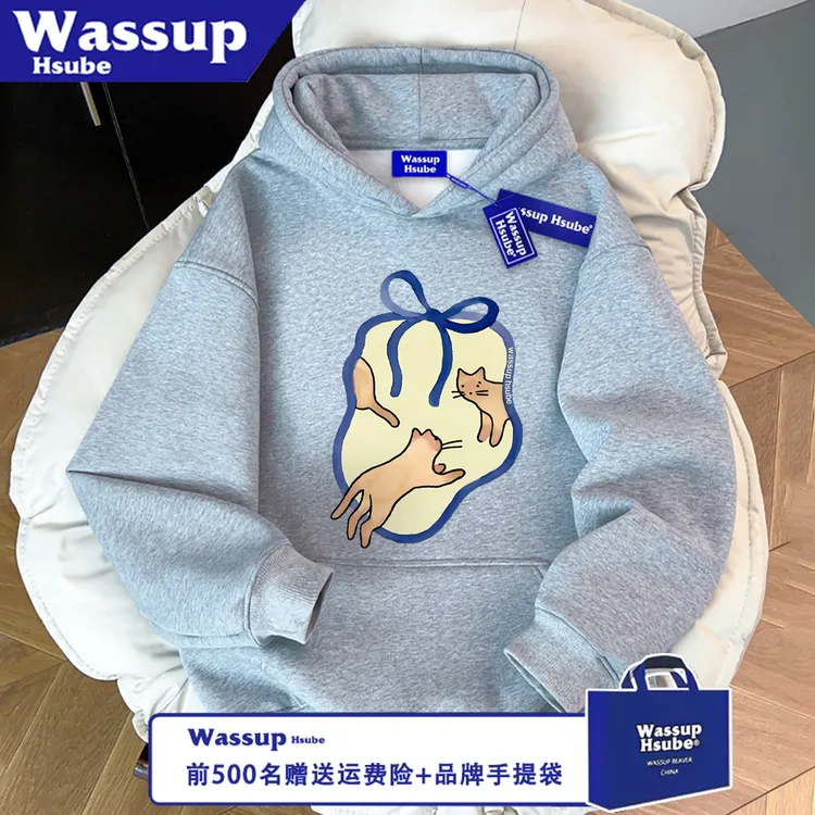 WASSUP HSUBE休闲潮流宽松印花艺术卡通猫咪长袖秋冬卫衣情侣上衣