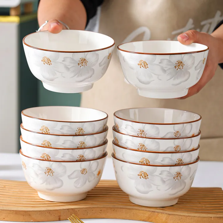 10个装陶瓷碗家用新款4.5英寸吃饭碗高颜值米饭碗釉下彩瓷碗清仓