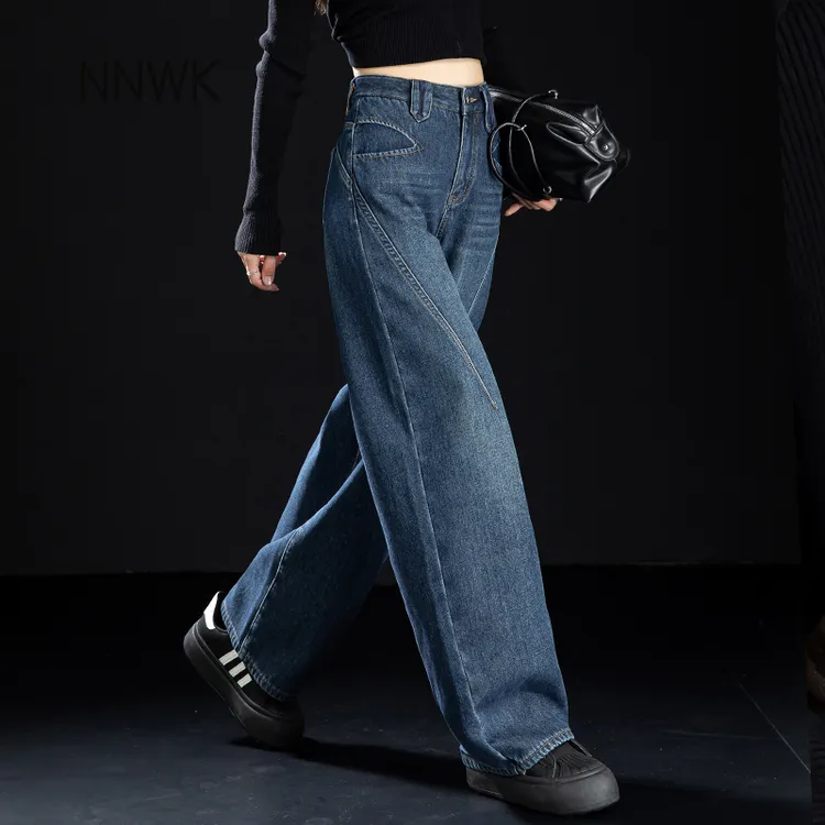 深蓝色加绒牛仔裤女2025新款宽松休闲直筒裤阔腿裤秋冬裤子弯刀裤