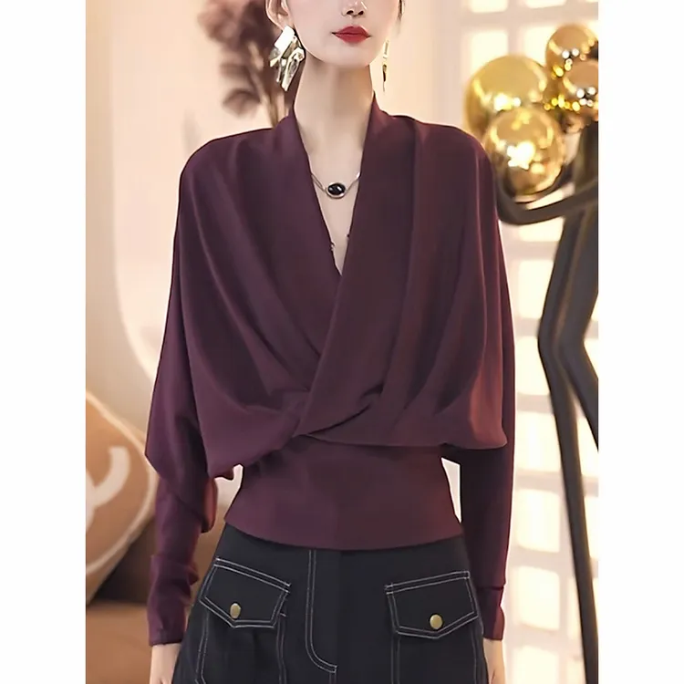 紫色V领长袖衬衫女士2025秋季新款高级感洋气减龄显瘦上衣