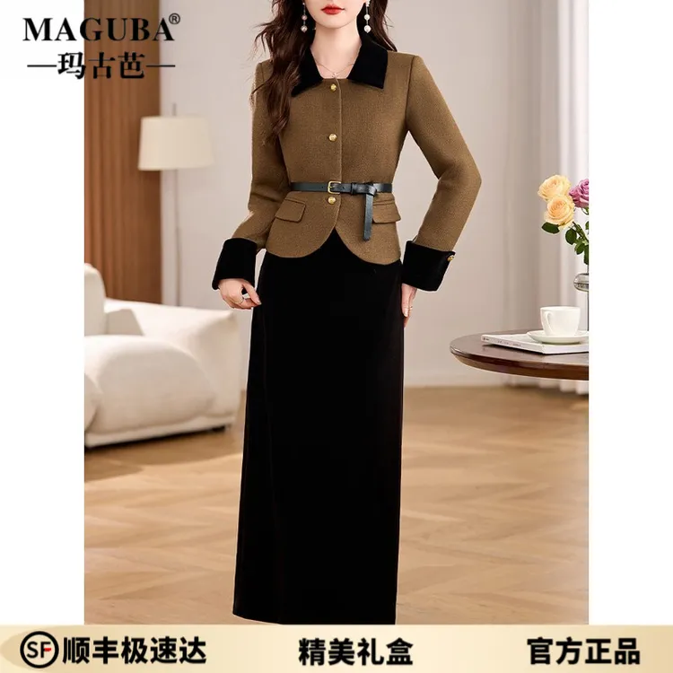 玛古芭小香风外套半身裙女2025春秋新款高级感气质显瘦套装连衣裙