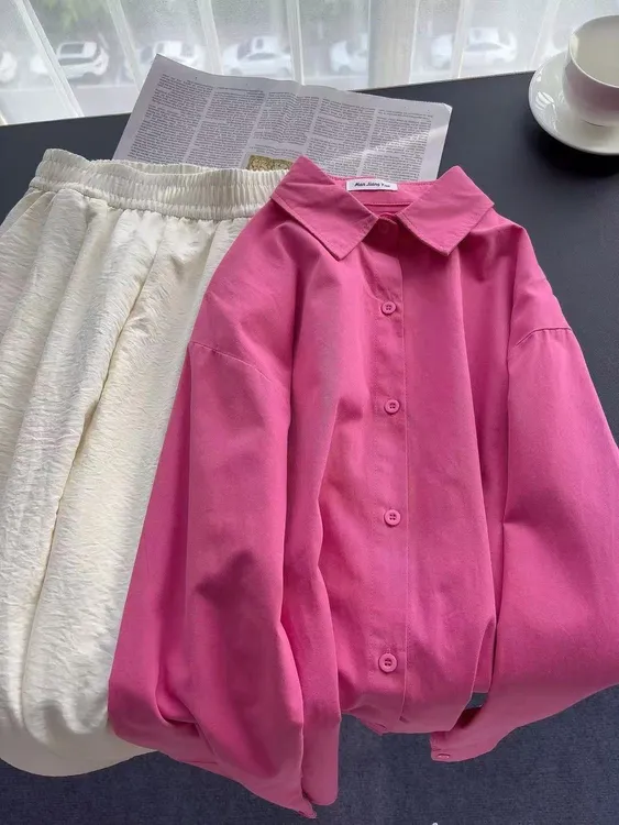 韩范高级感纯棉衬衫女长袖春秋款宽松百搭显瘦纯色衬衣外套开衫潮
