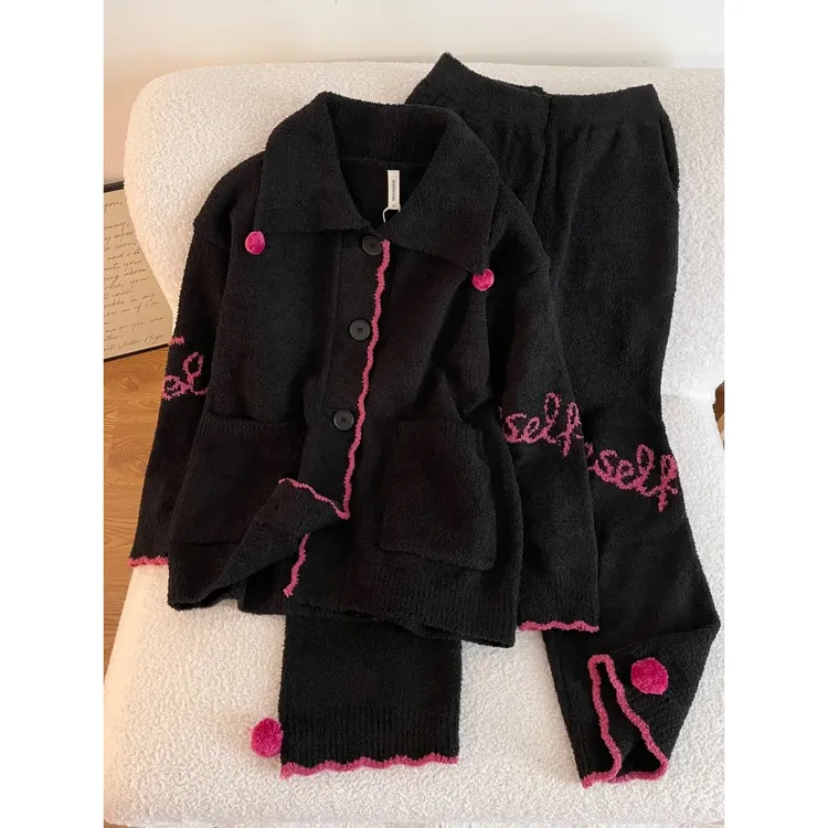 韩版甜酷风字母针织半边绒开衫睡衣女冬季休闲软糯舒适家居服套装