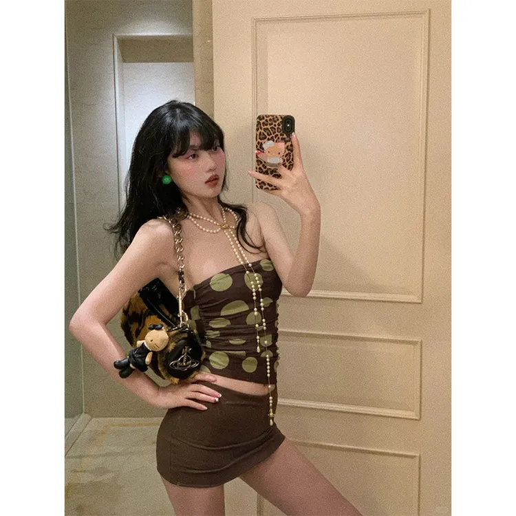 2025春季新款美式辣妹波点绑带抹胸背心上衣女配高腰显瘦包臀短裙