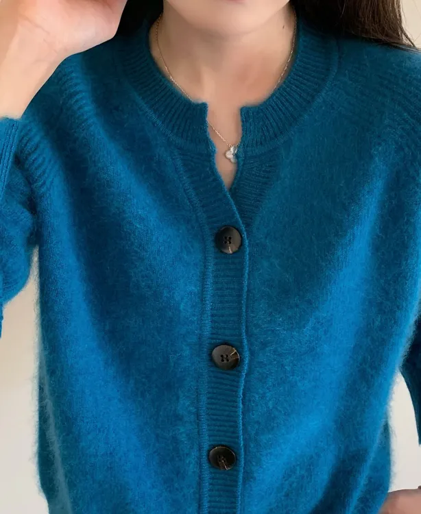 羊绒拉绒之和同款开衫女V领时尚优雅针织开衫小香风开衫-1030