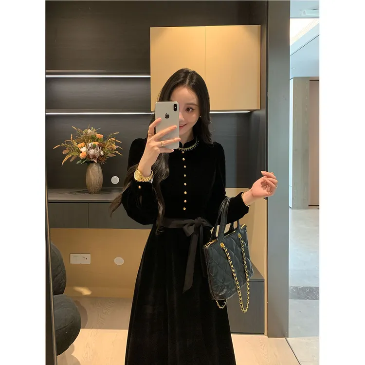 XINYI【伯爵千金】秋冬编织丝绒连衣裙收腰显瘦气质裙X625Q15570