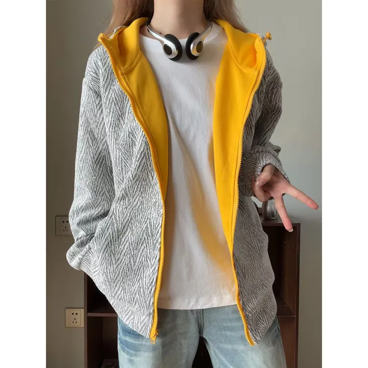 美式复古拼接撞色卫衣男秋季重磅人字纹连帽上衣高级慵懒情侣外套