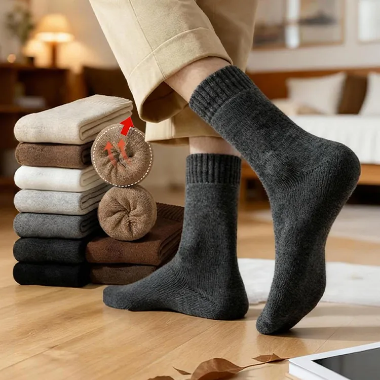 袜子男士秋冬天厚袜子中筒袜纯色棉袜保暖加绒加厚款长筒袜毛圈袜