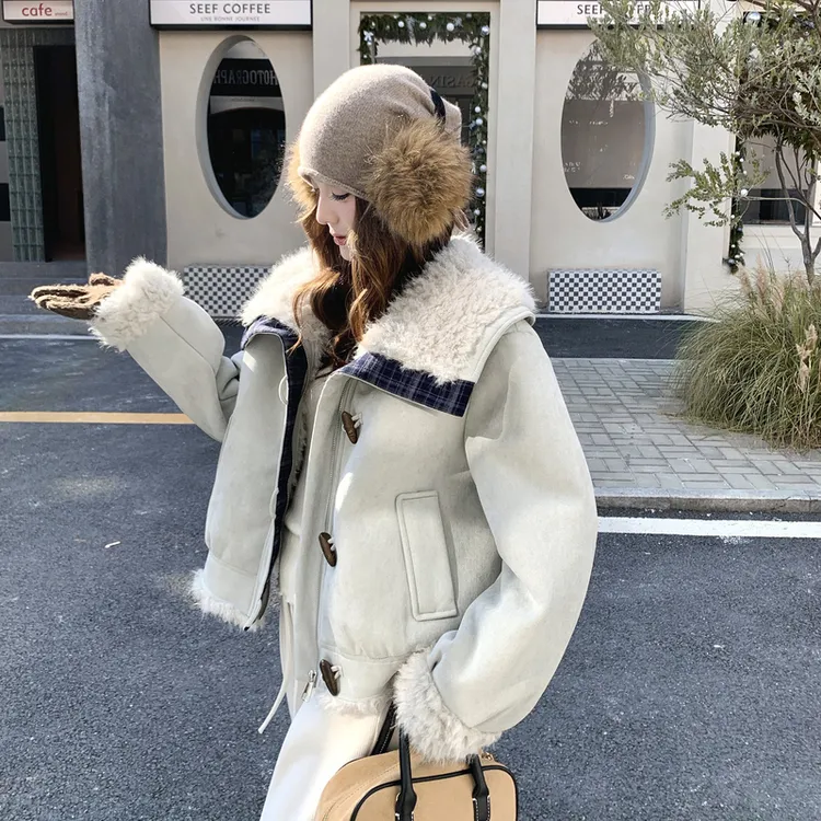 冬季新款休闲风厚款翻领女宽松加厚毛毛外套