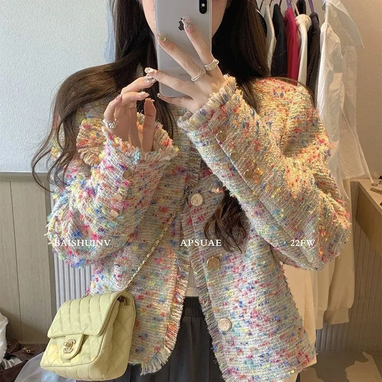 法式名媛小香风外套彩色气质洋气流苏长袖设计女装禅意仙气飘飘