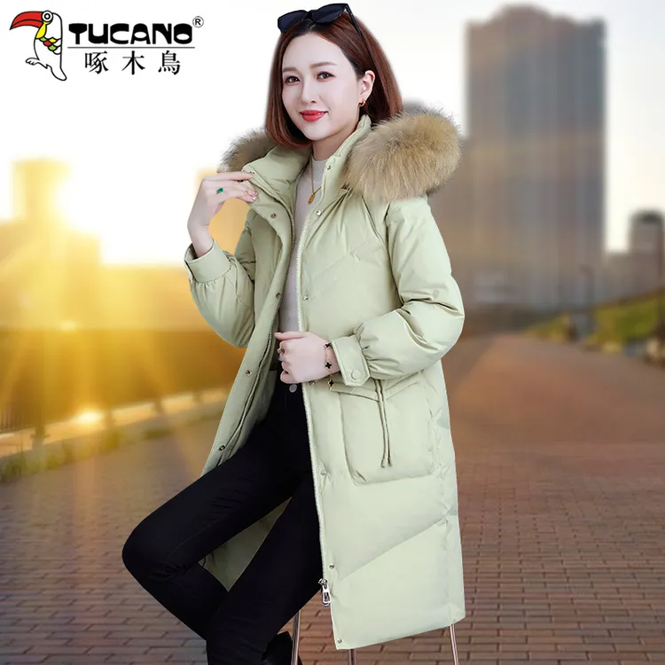 【官方品牌】啄木鸟保暖羽绒服女中长款大毛领加厚2025新款冬季外套