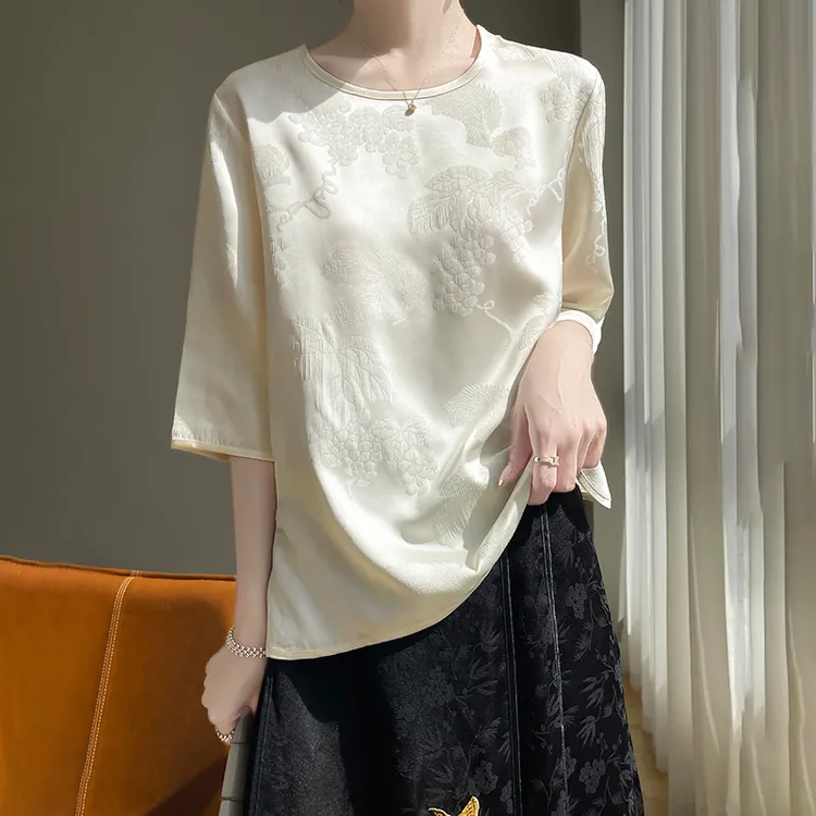 新中式短袖七分袖醋酸植物花卉T恤印花设计感显瘦夏桑蚕圆领提花