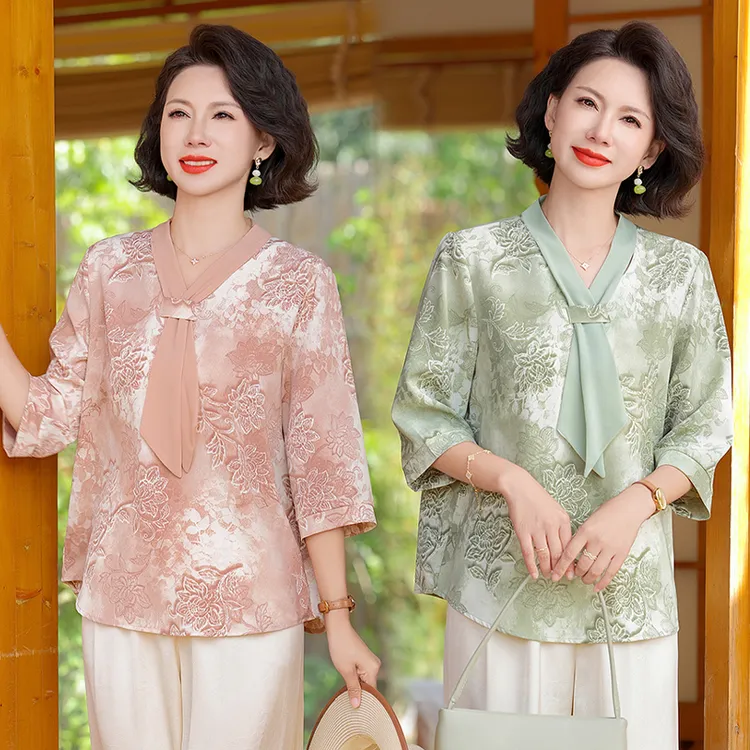 妈妈装夏季两件套气质中袖小衫中老年女装洋气减龄上衣印花套装