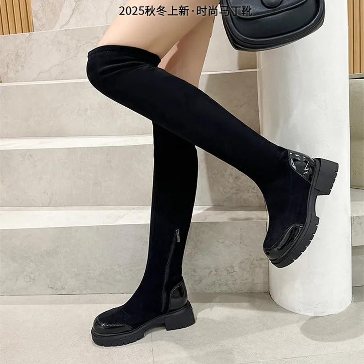 2025秋冬新款小码女鞋32 33厚底长筒靴过膝弹力高筒靴加绒瘦瘦靴