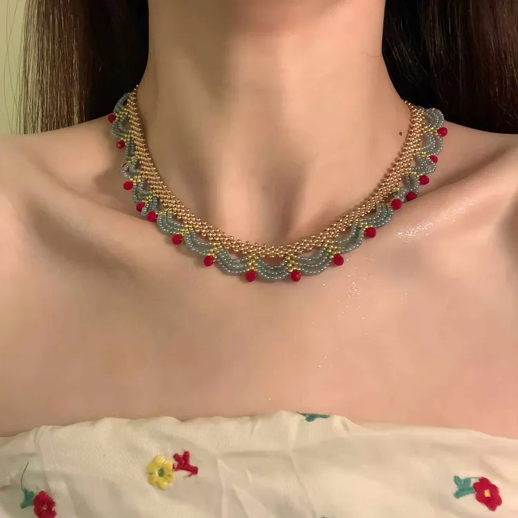 合金项链 新中式红蓝撞色串珠choker古着项链女国风锁骨链颈链