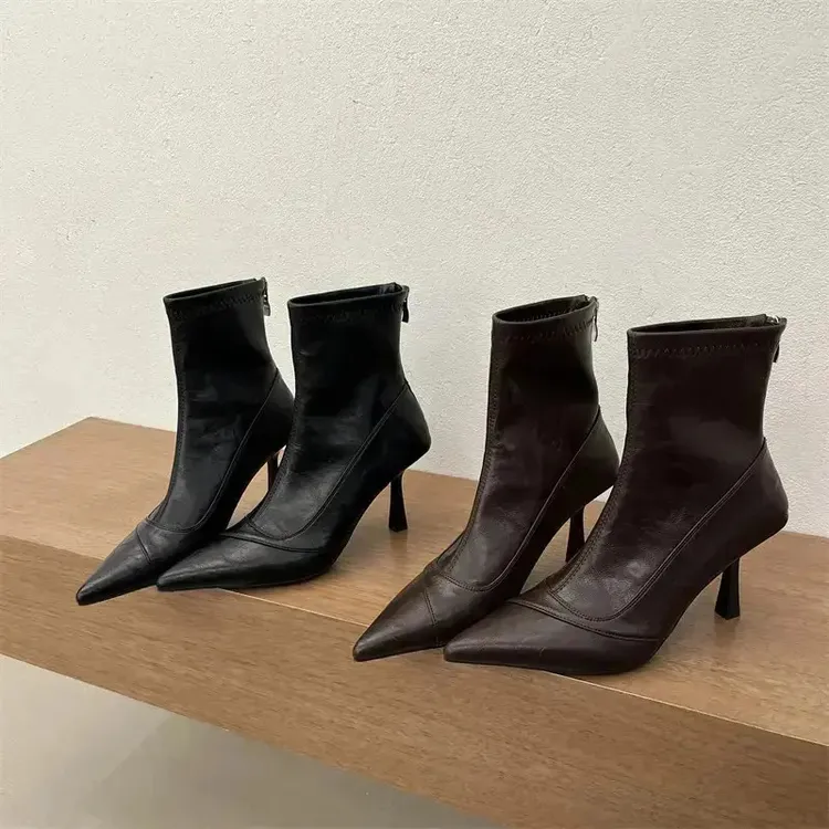 韩版尖头显瘦细跟短靴女短筒高跟鞋时装靴荔枝纹软皮后拉链瘦瘦靴