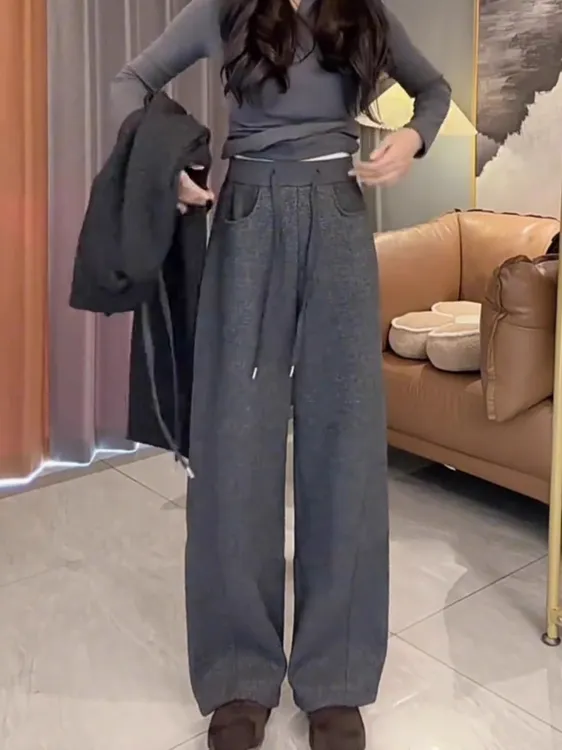 高腰休闲裤女款MM裤子秋冬时尚磨毛复古长裤秋季阔腿裤针织韩版
