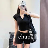 La Chapelle/拉夏贝尔欧美风简约V领短袖修身显瘦翻领短款上衣