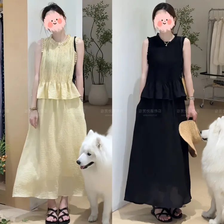 2025年女装夏季韩系设计感高级感时尚抽褶无袖上衣+半身裙两件套