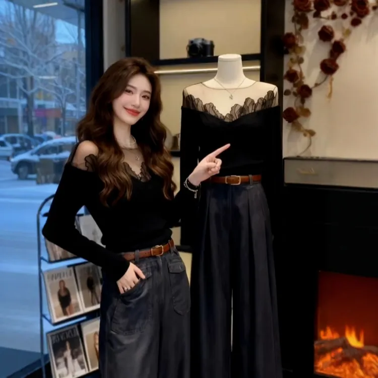 大码性感蕾丝网纱微透黑色针织衫毛衣秋冬新款修身内搭打底衫上衣