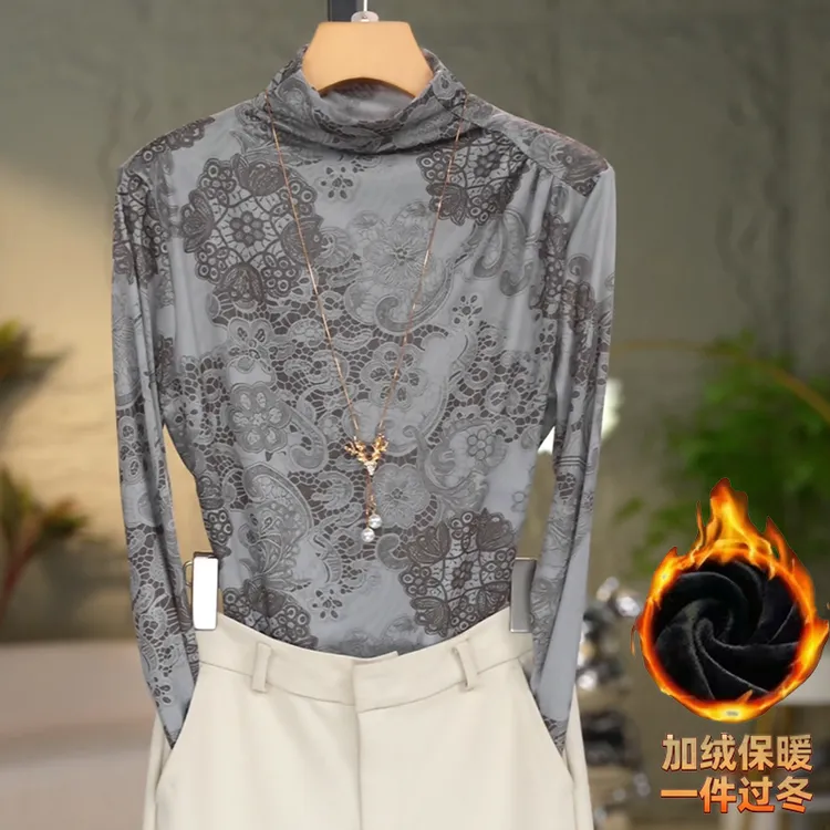 553#洋气高贵半高领打底衫时尚百搭网纱长袖修身显瘦T恤(加绒）