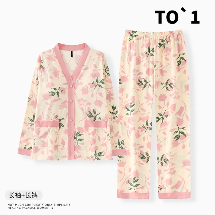 2025秋季花卉新款女士长袖长裤带胸垫家居服两件套EH211