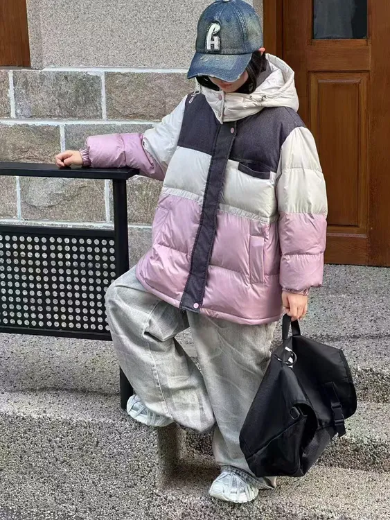 拼接时尚拉链女童拼色加厚中长款羽绒服