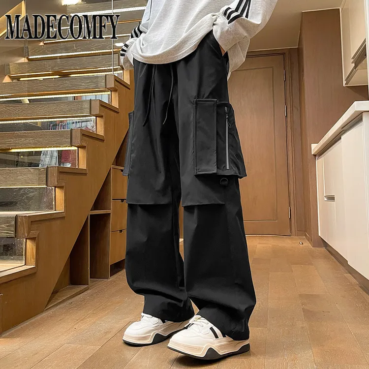 大码工装休闲冲锋裤男春秋款美式复古阔腿裤宽松运动抽绳直筒长裤