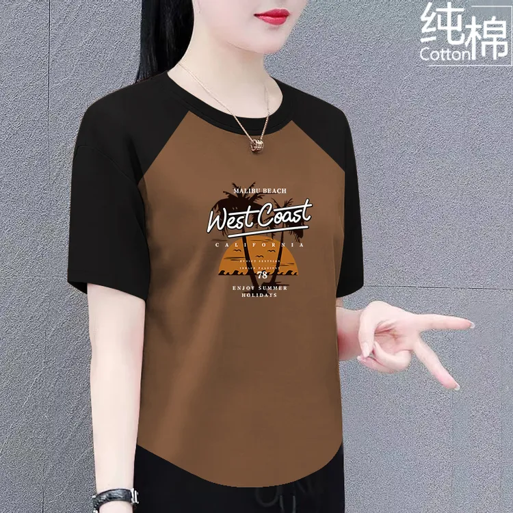纯棉短袖t恤女夏季新款时尚宽松显瘦大码女装拼接遮肚上衣体恤衫