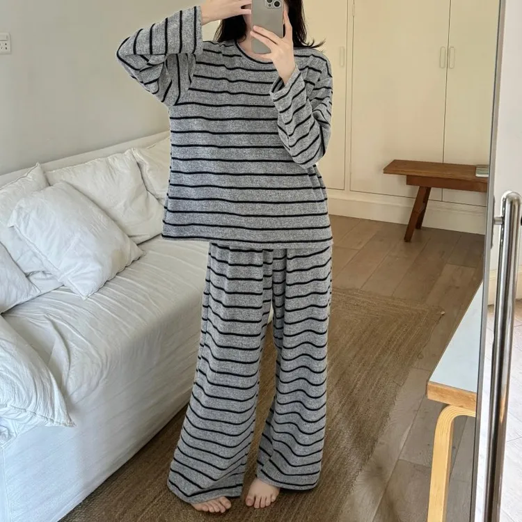 保暖条纹长裤冬季2025新款睡衣女款家居服套装时尚冬天家居服