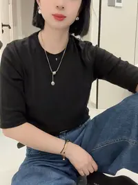 休闲常规显瘦套头款女装薄款时尚针织宽松修身中袖纯色毛针织衫