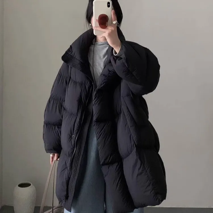 韩系轻柔软糯泡芙A摆棉服女冬季新款宽松休闲洋气中长外套