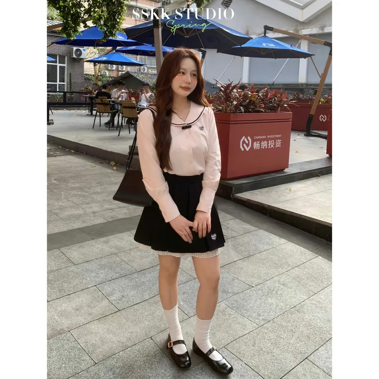 KMZY/KMZY山_山【进阶美学】微胖女装韩版学院风压褶a字收腰半身裙