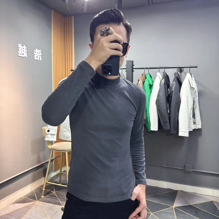 T恤半高领打底衫长袖时尚高领男士春秋纯色秋冬中领修身圆领加厚