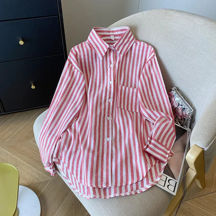 金怡定制2025春装新款韩版设计感宽松条纹衬衣复古百搭衬衫女