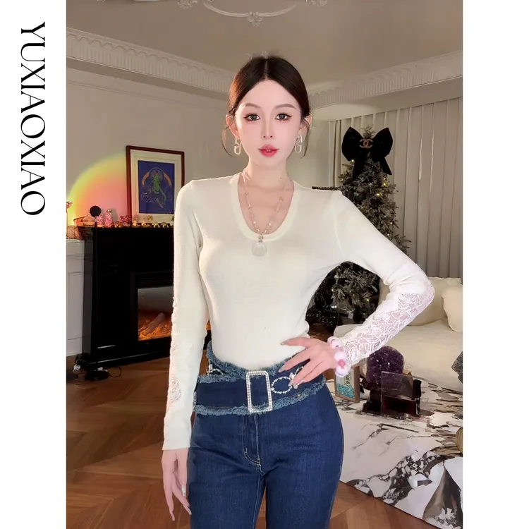 余潇潇【月光天鹅颈】百搭含羊毛U型领精致拼接蕾丝毛衣弹力打底衫