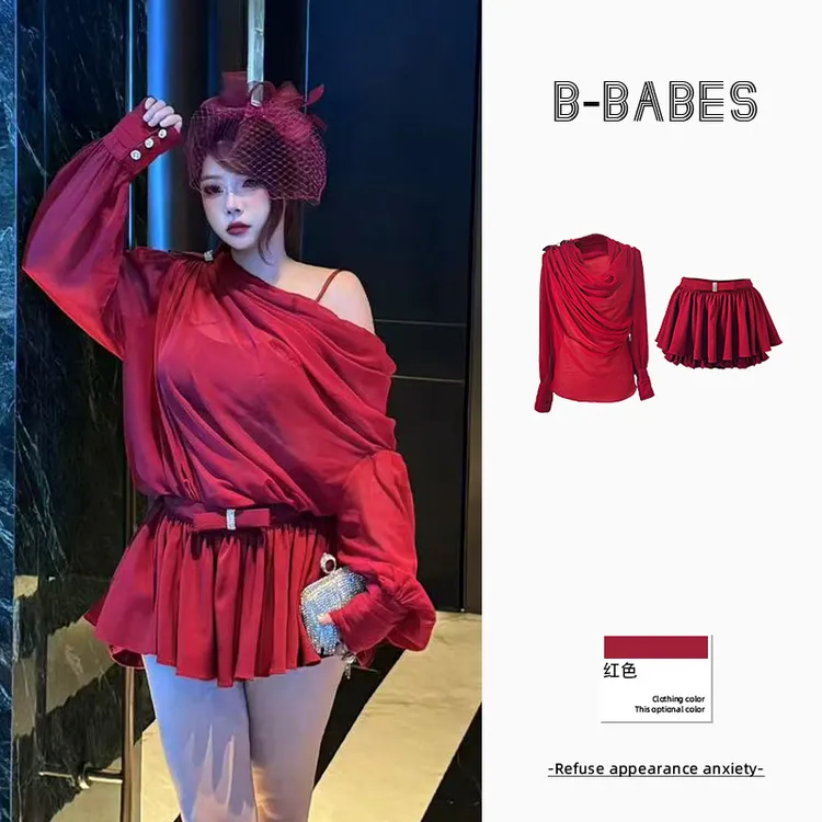 B-babes【红色钻石】拼接镶钻雪纺上衣蓬蓬裙含打底高腰半身裙套装