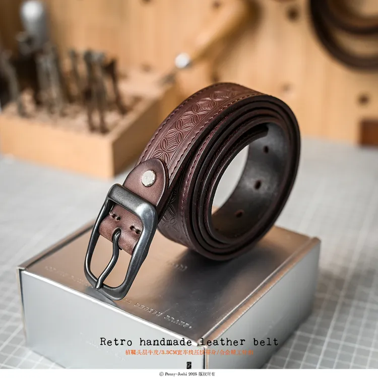 Penny-Joshi/佩妮乔希复古压纹头层牛皮针扣皮带裤带手工男士腰带