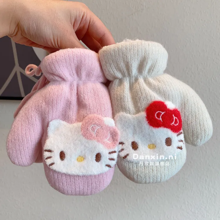 儿童kt猫挂脖手套秋冬季加绒加厚保暖连指套宝宝防风防冻全包手指