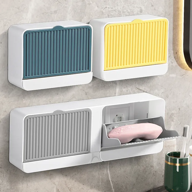 文丽双格肥皂置物架家用香皂盒带盖免打孔壁挂式沥水淋浴房放托盘