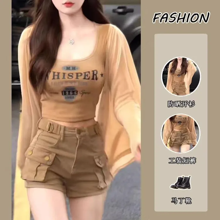 夏季女装套装女2025夏季新款辣妹抹胸吊带防晒上衣短裤三件套装