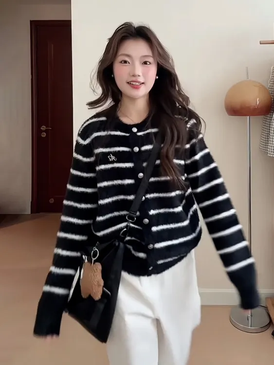 韩系高级感针织开衫女秋季马海毛条纹毛衣外套宽松显瘦慵懒风上衣