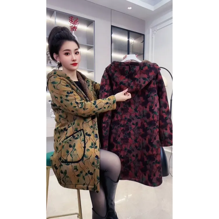 2025女士长袖中长款冬季加绒加厚款连帽外套