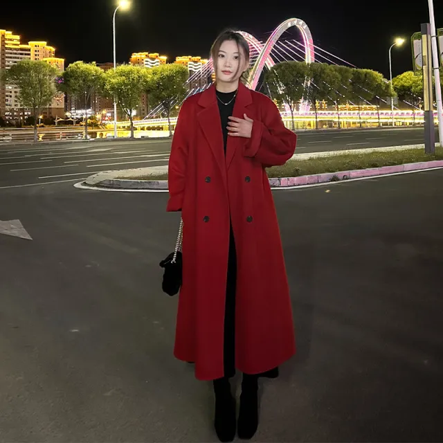 红色双面羊绒大衣女结婚2025新款本命年冬呢子长款毛呢外套高级感