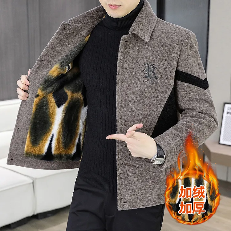 啄木鸟男士短款冬季毛呢外套翻领帅气休闲加绒加厚保暖立时尚男装