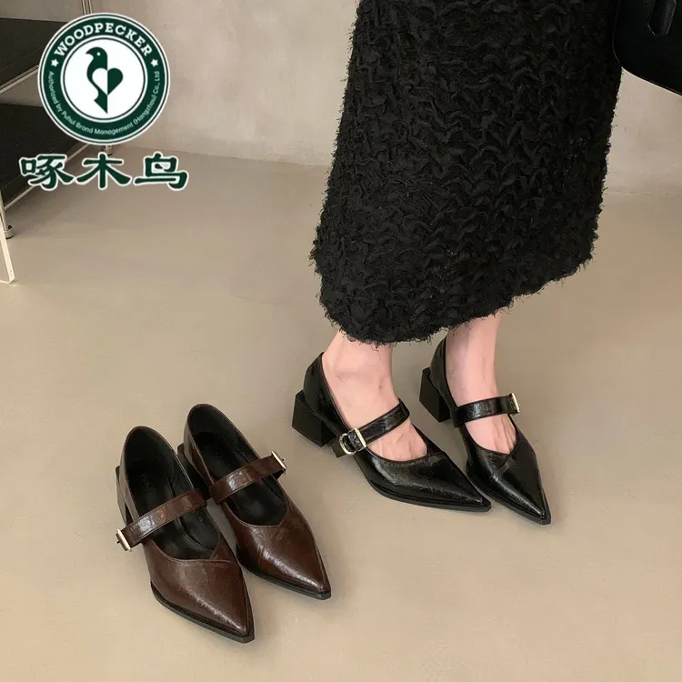 啄木鸟尖头小皮鞋浅口单鞋女粗跟2025新款春法式复古高跟玛丽珍鞋
