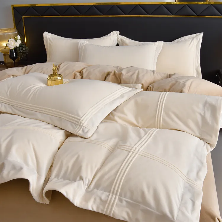 A类婴儿绒加厚消光牛奶绒烂花款埋线四件套纯色简约绒被套-奈斯